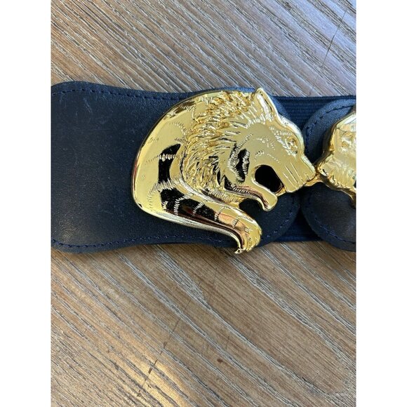 Vintage 80s Brass Tiger Lion Latch Elastic Statement Belt France Whimsical Artsy